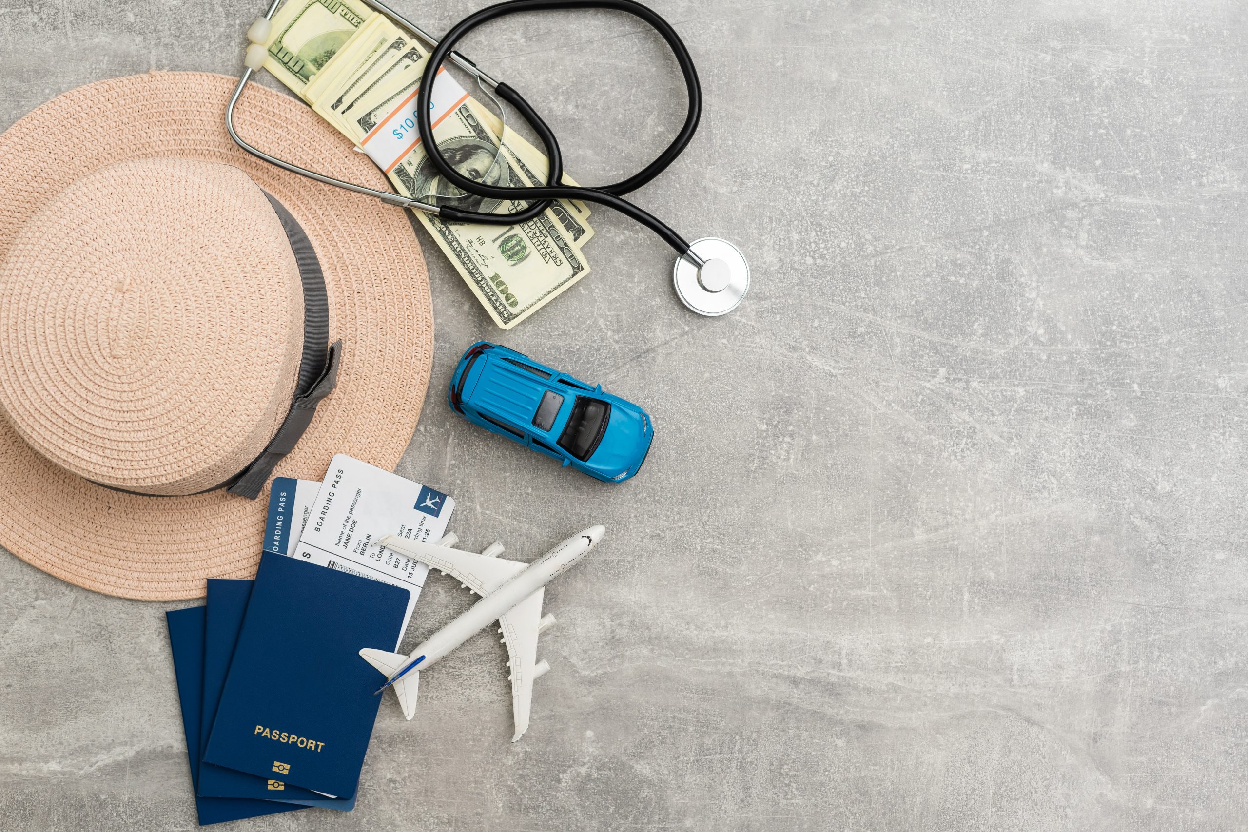 Airplane in flight with a medical mask. Concept - observance of safety on the plane. Traveling by air at social distance. Compliance with the recommendations of doctors on trips. Opening borders.